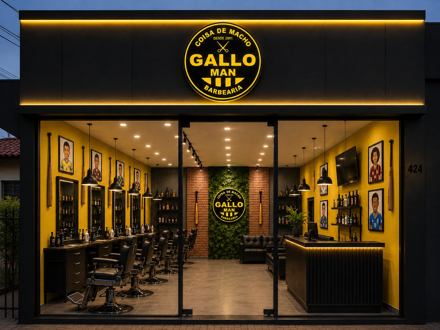 Depois: a mesma fachada convertida para Gallo Man, em preto e amarelo
